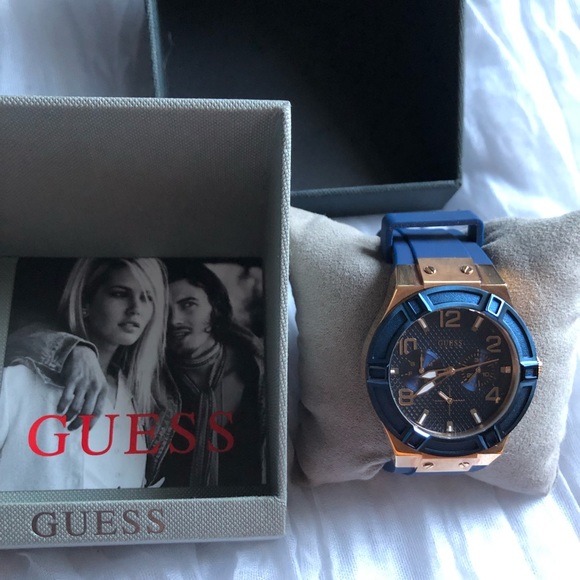 blue and rose gold guess watch